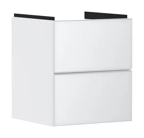Weißer Waschtischunterschrank von Hansgrohe mit zwei Schubkästen. Der Schrank hat eine glatte Oberfläche und eine schlichte Form. Ideal für Handwaschbecken geeignet.